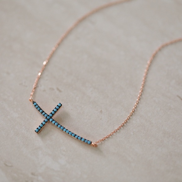 Turquoise Cross Necklace | 14k Rose Gold Plated - Picture 5 of 7